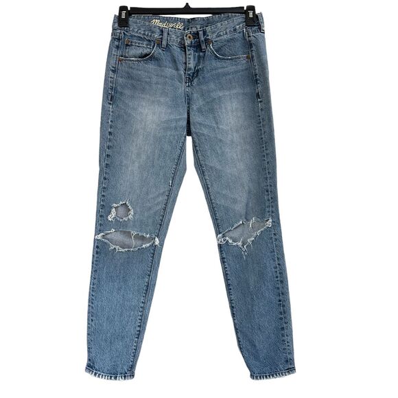 Madewell BoyJean SZ 25 Jeans Zip-Fly Mid-Rise Distressed Whiskered Medium Wash - Picture 1 of 10